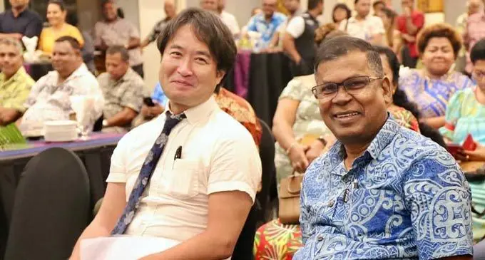 National Federation Party former provisional candidate, Hiroshi Taniguchi, with party leader Biman Prasad. File Photo