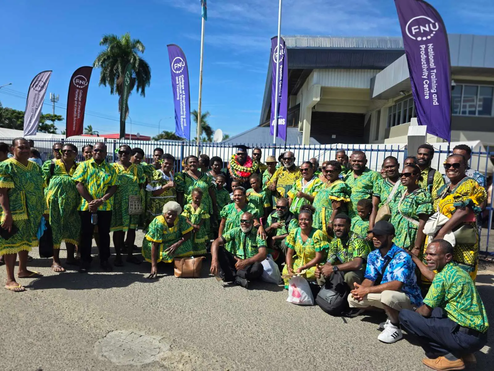 Graduates Juliet Kalteriki, Toumara Kara, Ramoli Napakaurana and graduate Wilson Napakairana with family members from Vanuatu during the Fiji National University graduation at the FMF Gymnasium in Suva on May 12, 2026. Photo: Zaheen Bi.