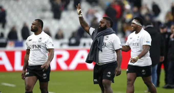Fiji Airways Flying Fijians reps from left: Vereniki Goneva, Manasa Saulo and Eroni Mawi in Paris. 