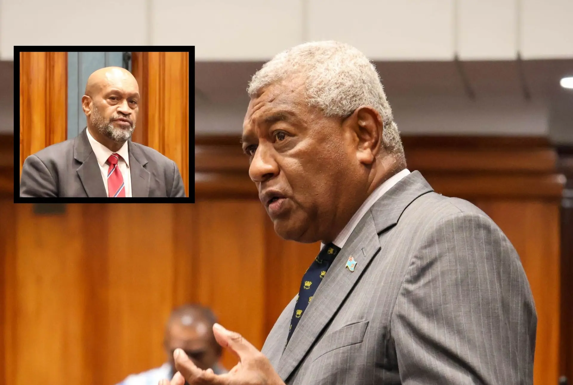 Minister for Defence Pio Tikoduadua in Parliament. Inset: Opposition MP Jone Usamate.