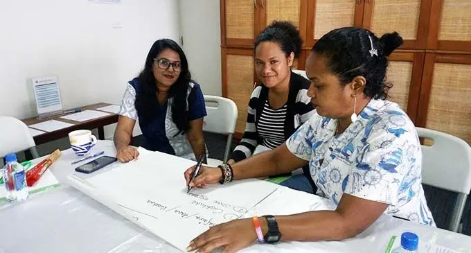 From left: Virashna Singh, Safaira Vere and Anna Khan engaged in group situation analysis experiences during the WIMA (Fiji) Mental Awareness workshop in Suva on September 9, 2020. Photo: Supplied