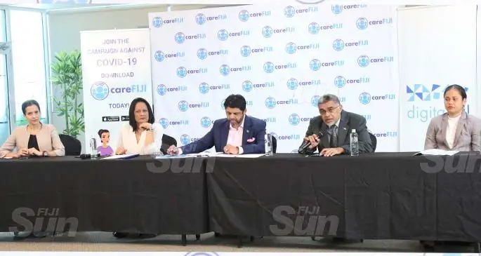 (From left) Head of Health Protection at the Ministry of Health and Medical Services, Dr Aiysha Sahukha, Minister for Education, Rosy Akbar, Attorney General and Minister of Economy, Aiyaz Sayed-Khaiyum, Acting Permanent Secretary for Health, Dr James Fong and Director General DigitalFIJI, Tupou’tuah Baravilala at the press conference on June 21, 2020. Photo: Kelera Sovasiga