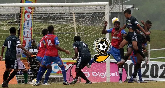  Action from Ba and Navua in the first semi-final of the Super Premier division at the HFC Bank stadium on October 14, 2023. Photo: Fiji FA Media 