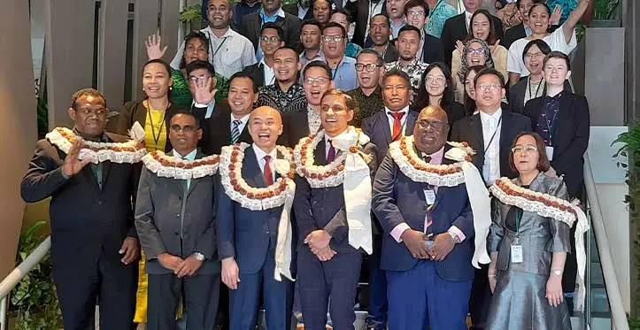 Permanent secretary for Trade, Co-operatives, Small and Medium Enterprises and Communications, Shaheen Ali (front, fourth from right) with participants of the 23rd Asia-Pacific Telecommunity Policy and Regulatory Forum in Nadi.
