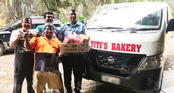 Titi’s Bakery staff Bimlesh Karan, Anand Deo, Avinesh Chand and Vijay Prasad ready for delivery to Soasoa residents in Labasa on April 10, 2020. Photo: Shratika Naidu