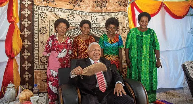 Prime Minister Voreqe Bainimarama with women members of the  Namosi at Veivatuloa Village, on April 21, 2022.  Photo: Leon Lord 
