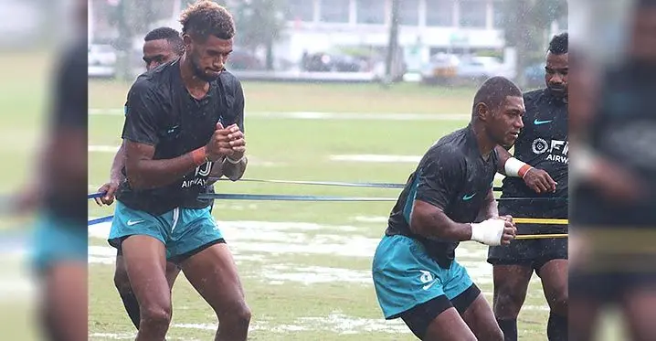 Fiji Airways Fijian men’s rugby sevens players (from left) Ponipate Loganimasi and Rokoua Rasaku train at Albert Park, Suva, on February 8, 2023. Photo: FRU Media