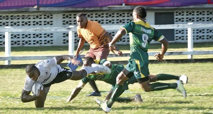 Nadroga’s Savenaca Navuniharau is tackled by Tailevu during the Skipper Cup premiership at the Lawaqa Park, Sigatoka on September 26, 2020. Photo: Waisea Nasokia