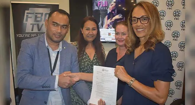 Fijian Broadcasting Corporation (FBC) Director Sales and Marketing Vijendra Kumar, with 2022 Style Fiji Trustee/Executive Coordinator Marlene Vuniwaqa as Executive Co-ordinator Zelda Thomas and Style Fiji trustee Amanda Sofield looks on during the press conference at the Sofitel Fiji Resort on Ocotober 12, 2022. Photo: Waisea Nasokia