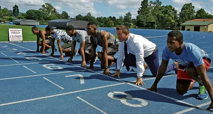 From left: Petero Veitaqomaki, Samuela Railoa,,Aaron Powell, Malakai Kaiwalu, Oceania Athletics official and Kameli Seduadua during training in Gold Coast, Australia on February 28, 2018, . Photo: Athletics Fiji