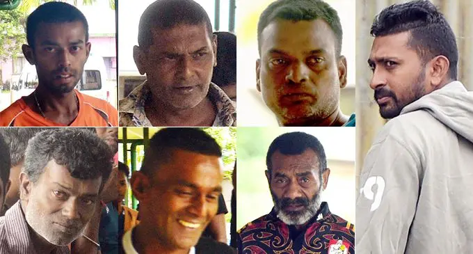 TOP L-R: Alveen Narayan, Saten Kumar, Sanjay Ram  BOTTOM L-R:  Sanjay Prasad, Mukesh Chand , Josemo Mataniwai  and Kunal Kumar outside Navua Court on April 7, 2020.