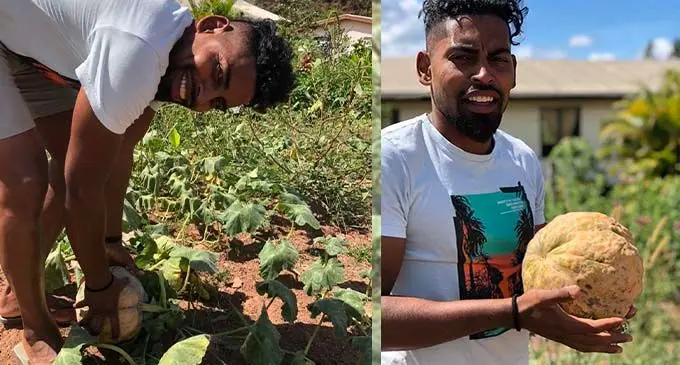 Roy Krishna with produce from his backyard garden in Ba. Photo: Naziah Ali