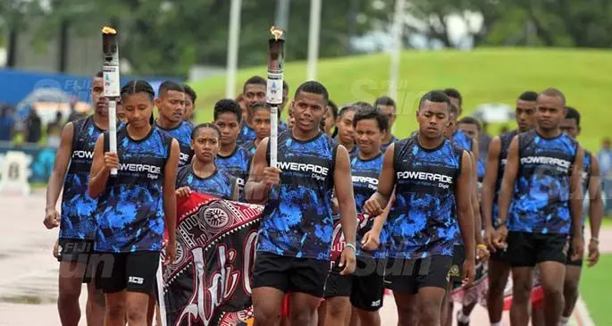 The Coca-Cola Games torch brought in by athletes from Adi Cakobau School and Ratu Kadavulevu School during the opening ceremony at the ANZ Stadium on April 16, 2019. Photo: Ronald Kumar