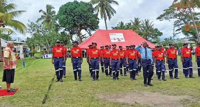 Members of the National Fire Authority perform a march before Prime Minister Voreqe Bainimarama at Yako Village, Nadi on February 27, 2021.  Photo: Mereleki Nai