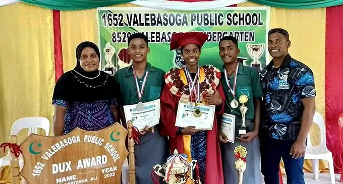 Valebasoga Public School dux Delisha Ali (middle) with her parents Abigale Whippy, Shahnaz Ali and siblings Aqeel Ali and Azreel Ali in Labasa on December 8, 2022.