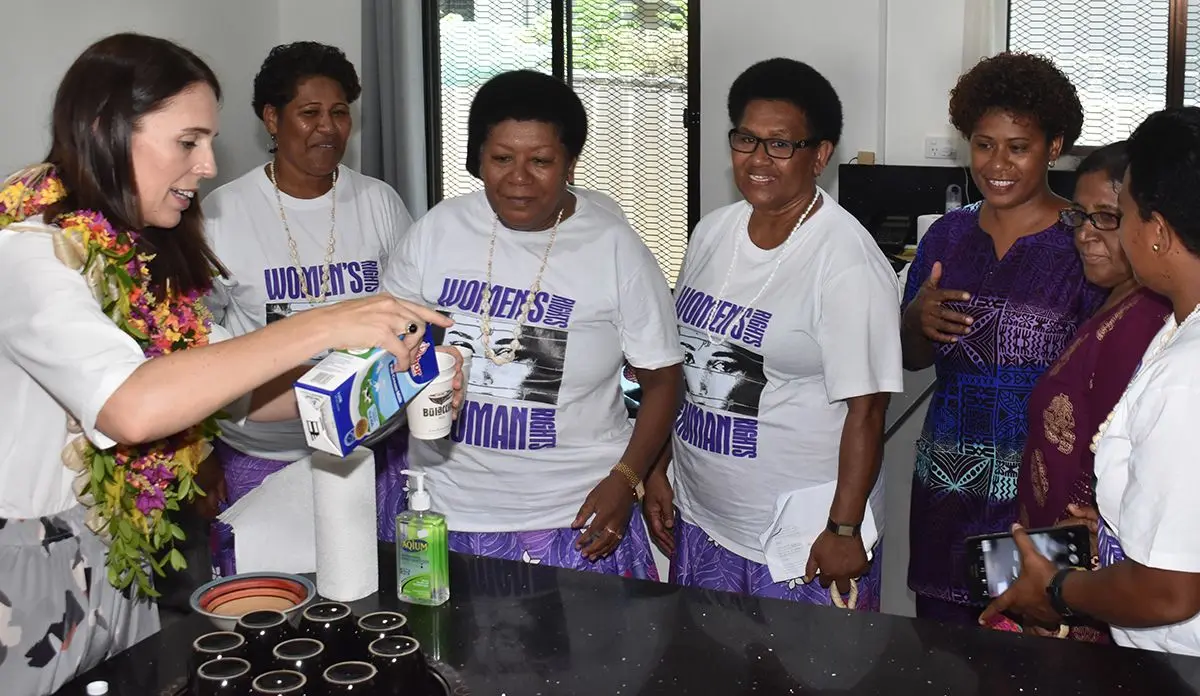 New Zealand Prime Minister Jacinda Ardern (left) makes tea for Lavenia Tuitabu, Mere Vunibaka, Filomena Saukuru, Sereima Jesoni, Yishu Lal and Amalaini Waqaceva during the official opening of the Fiji Women’s Crisis Centre (FWCC) in Namaka, Nadi, on February 27, 2020.  Photo: Waisea Nasokia