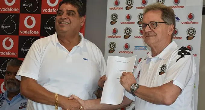 Fiji Football Association president Rajesh Patel (left) and coach Flemming Serristslev at the Tanoa Waterfront Hotel in Lautoka on January 31, 2020. Photo: Waisea Nasokia