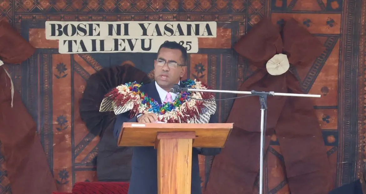 Minister for Lands and Mineral Resources Filimoni Vosarogo addresses the opening of the Tailevu Provincial Meeting on October 29, 2025.
