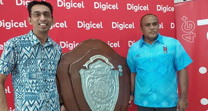 From left: Digicel CEO Farid Mohammed and Suva Rugby Union chairman Aseri Rokoura during the official announcement in Suva on July 31, 2020. Photo: Simione Haravanua  