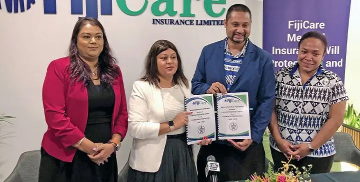 From left: FijiCare Group chief marketing officer Sima Mala, FijiCare Group chief operations officer Krishika Narayan, Fiji Medical Association president Dr Alipate Vakamocea, and Dr Mereseini Bavadra, during the sponsorship signing event at the FijiCare headquarters in Suva on April 7, 2025. Photo: Viliame Tawanakoro