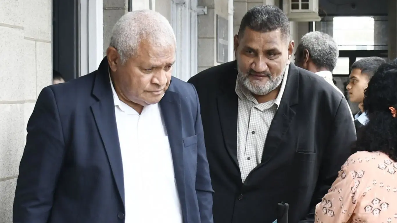 Carpenters Fiji Managing Director Daniel Whippy and former National Fire Authority Board Chair John O’Connor outside the Suva Courthouse on August 3, 2026.