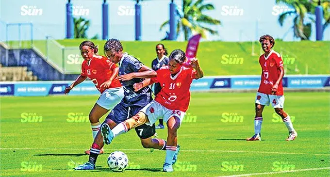 Ba’s Koleta Likuculacula (middle) attacks against Rewa’s Sekola Waqanidrola (left) and Avisaki Toro (right) during the Digicel Women Super League 2021 match at the ANZ Stadium, Suva on October 31 2021. Photo: Leon Lord