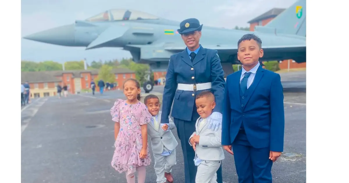 Ledua Sotia Kolinisau with her children after her passout parade at RAF Halton in Buckinghamshire, England on September 2, 2026.