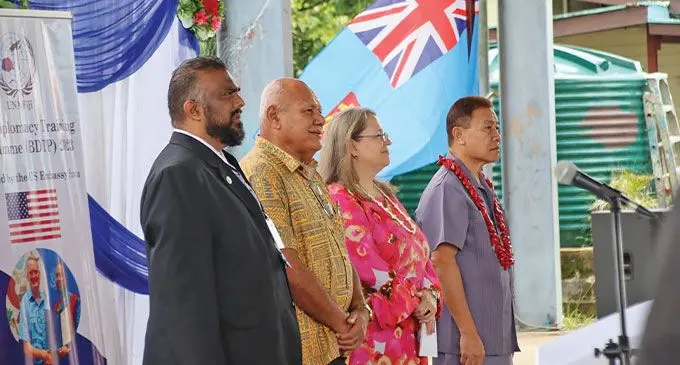 The United Nations Association of Fiji, Founder Akmal Ali, Deputy Prime Minister of Fiji Viliame Gavoka, the United States Ambassador to Fiji Marie Damour and the Samoan High Commissioner to Fiji, Aliioaiga Feturi Elisaia during the UNA Fiji Orientation Ceremony at Dudley High School Hall, Toorak, Suva on February 18, 2023.