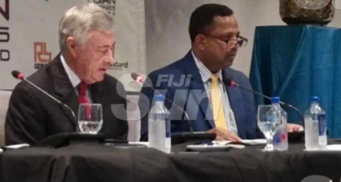 From left: Fijian Holdings Limited Chairman Adrian Sofield and chief executive officer, Nouzab Fareed at the Holiday Inn, Suva during FHL’s 34th annual general meeting. Photo: Laiseana Nasiga