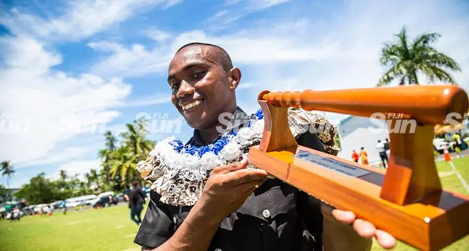 New recruit Police constable Nicholas Veredali with the Baton of Honour during the Fiji Police Force passing-out parade at the Nasova Police Academy in Nasese on February 25, 2022. Photo: Leon Lord