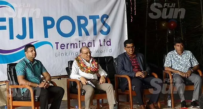From left: Fiji Ports Terminal Limited chief executive officer Hasthika Bandara Dela, Board chairman Hasmukh Patel, Board director Vilash Chand and Fiji Ports Corporation Limited chief executive officer Vajira Piyasena on December 20, 2019. Photo: Laiseana Nasiga