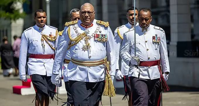 President Ratu Wiliame Katonivere inspects the parade outside Parliament on March 4, 2024. Photo: Leon Lord