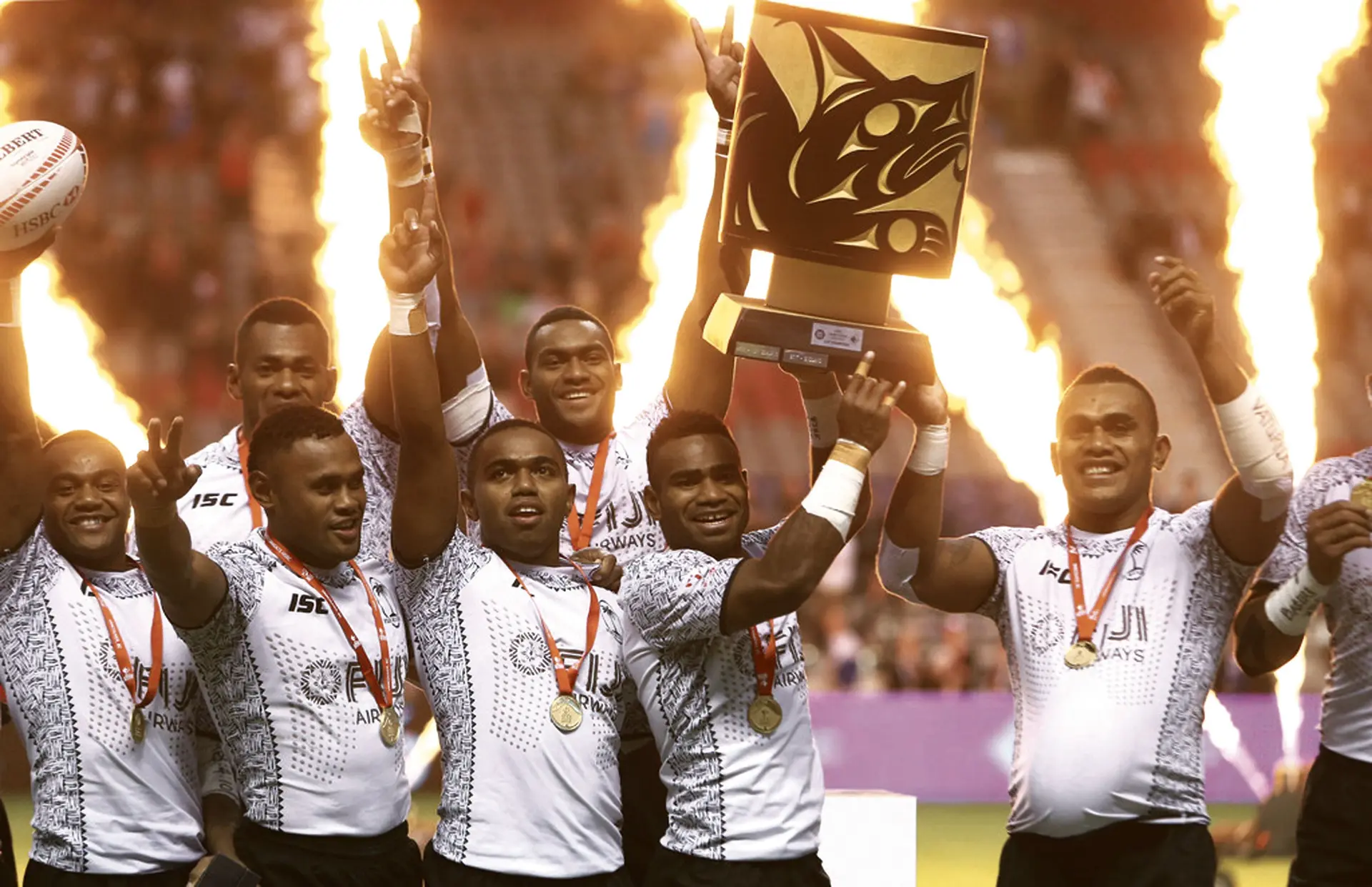 Back (left-right) Sevuloni Mocenacagi, Mesulame Kunavula. Front (left-right) Alasio Naduva, Amenoni Nasilasila, Waisea Nacuqu, Seremaia Tuwai (captain) and Eroni Sau celebrate the Canada Sevens win in Vancouver on March 12, 2018. Photo: Zimbio