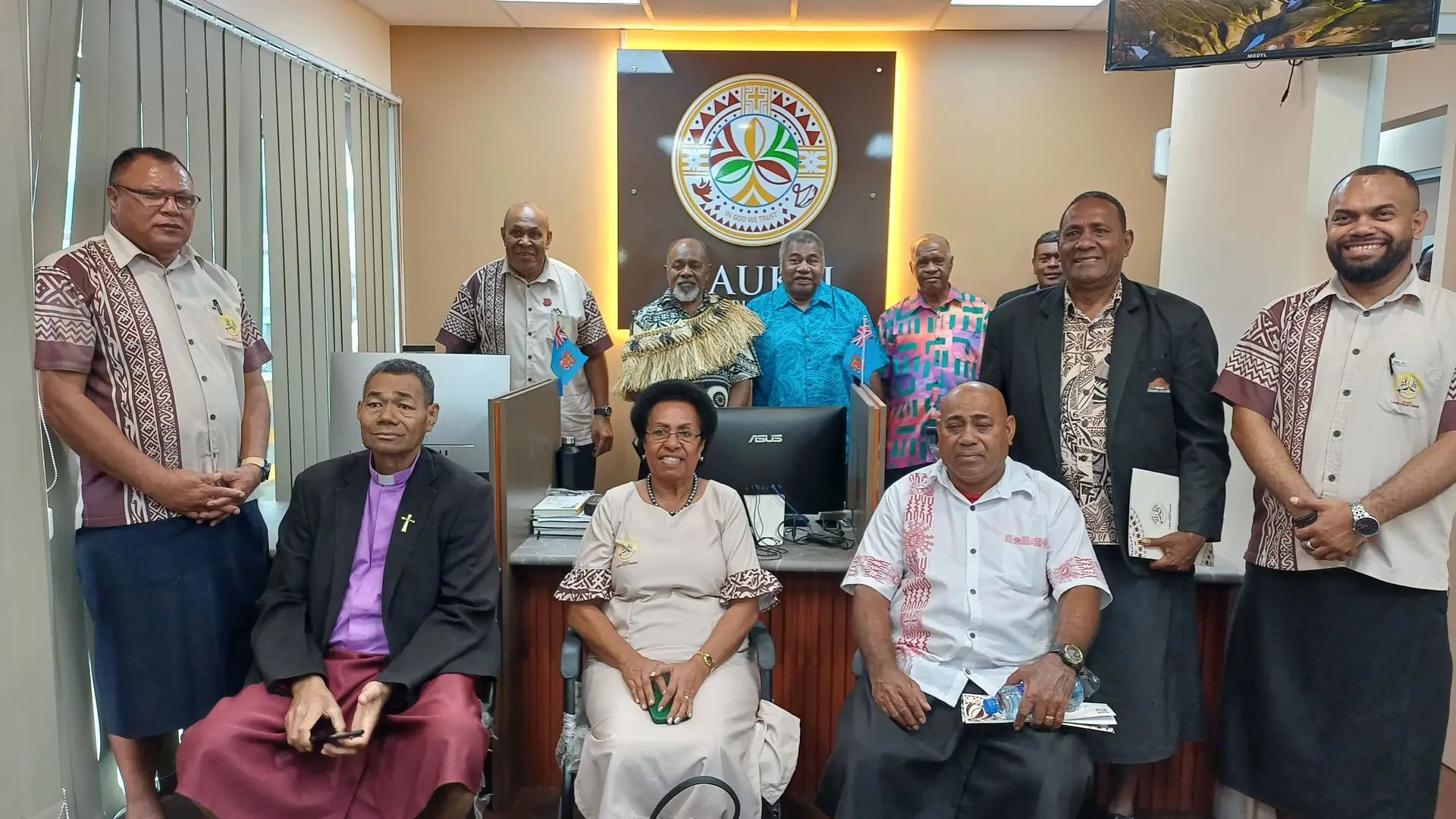 iTaukei Land Trust Board chief executive officer Solomone Nata (left) with Minister of iTaukei Affairs Ifereimi Vasu behind standing beside Tui Nadogo Ratu Ilisaniti Malodali with invited guests during the opening of the office in Labasa on October 23, 2026.  