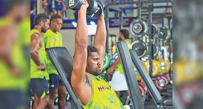Fijian Drua and Flying Fijians fullback Ilaisa Droasese doing weight training at the Drua homebase in Legalega, Nadi, on March 25, 2024. Photo: Fijian Drua