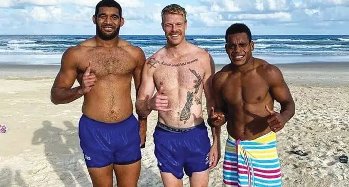 Swire Shipping Fijian Drua reps (from left) Meli Derenalagi, Baden Kerr and Napolioni Bolaca in Australia. Photo: Fijian Drua