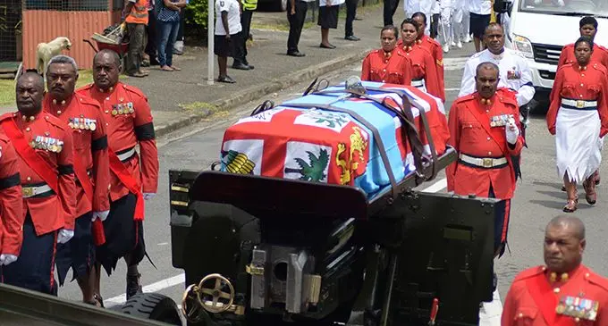 The Republic of Fiji Military Force Commander Rear Admiral Viliame Naupoto led the RFMF in escorting the body of former Commander of the then Royal Fiji Military Forces late Colonel Paul Manueli from MIOT Pacific Hospitals in Amy Street to Brown Street on February 28, 2019. 