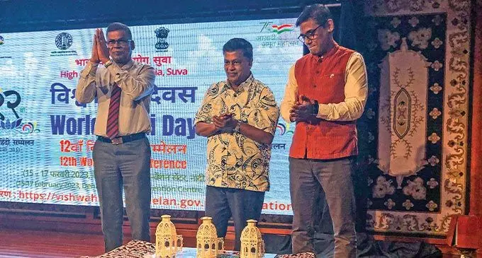 From left: Deputy Prime Minister and Minister for Finance Biman Prasad, Chief Justice Kamal Kumar and Indian High Commissioner to Fiji Palaniswamy Karthigeyanat Civic Centre on January 10, 2023. Photo: Viliame Tawanakoro