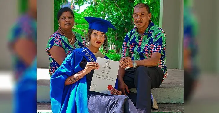 Priyanka Kishore pictured with her parents Binesh and Mohini Kishore in Suva.