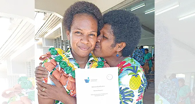 Salaseini Duguvesi (left) with her mother, Elenoa Serei during the Pacific Polytech Labasa Campus graduation in Labasa on April 26, 2024. Photo: Shratika Naidu