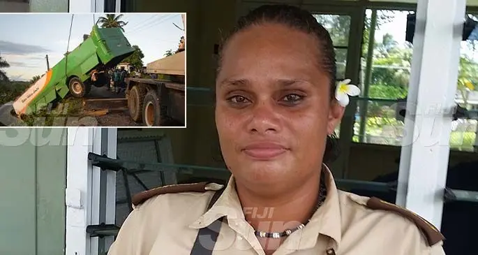 Asenaca Tutu, mother of the late Nausori Primary School student Makereta. Photo: Maika Bolatiki Inset: The school bus that the late Makereta Miriama Matata Tutu was on, after it was pulled out on Lakena Hill in Nausori, on October 9, 2019. Photo: Ronald Kumar