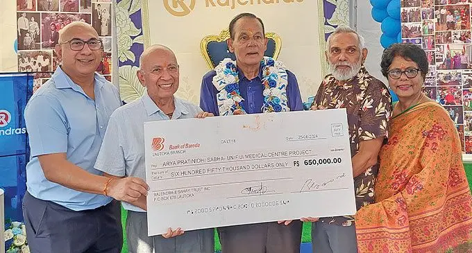 From left: Punjas Group managing director Rajesh Punja, director Nitin Punja , Rajendras Foodtown Supermarket founder Rajendra Prasad , Arya Pratinidhi Sabha of Fiji health centre special projects manager, Kamlesh Arya and vice president Urmila Arya on June 25, 2024. Photo: Salote Qalubau