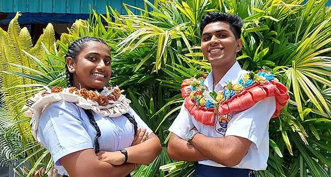 Votualevu College head girl Riya Rinshita Prasad and head boy Ayush Adarsh Kumar after the school’s prefect induction in Nadi on February 28, 2024. Photo: Salote Qalubau