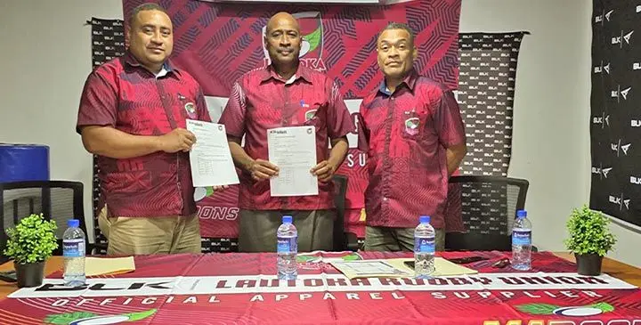 From left: BLK Fiji sales and marketing manager Donasiano Kalou, Lautoka Rugby Union president Inoke Momoedonu and LRU treasurer Jale Qicatabua on July 29. 2025. Photo: BLK Fiji
