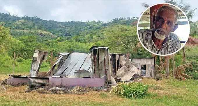 The home in Sarava, Ba, that was destroyed in a fire on January 16, 2024. Inset: Mohammed Jalil on January 17, 2024. Photo: Salote Qalubau