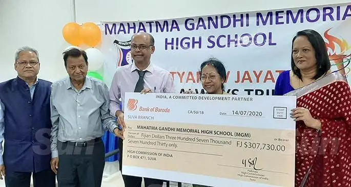 From left; High Commission of India to Fiji head of chancery Sukanta Sahoo, Vinod Patel & Co Ltd group director Bachubhai Patel, Gujarat Education Society president Kamlesh Kumar, India High Commissioner to Fiji Padmaja and Minister for Education, Heritage and Arts Rosy Akbar during the launch of the IT infrastructure upgrade project at MGM High School on July 15, 2020. Photo: Shreeya Verma