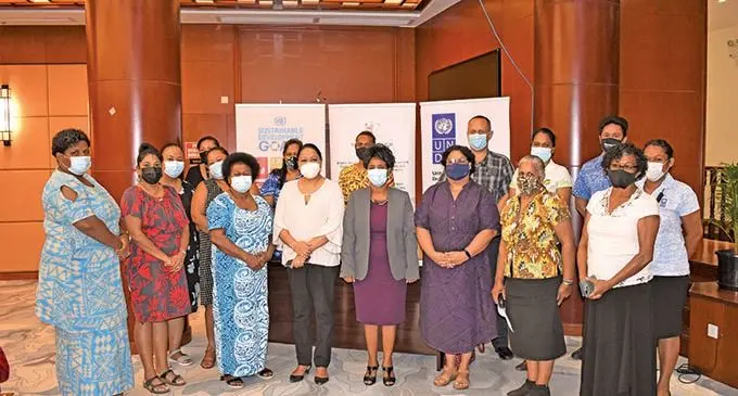 Minister for Local Government Premila Kumar (Front row, fourth from left) during the training equipment handover from the United Nations Development Programme to the Fijian Government in Suva.  Photo: United Nations Development Programme