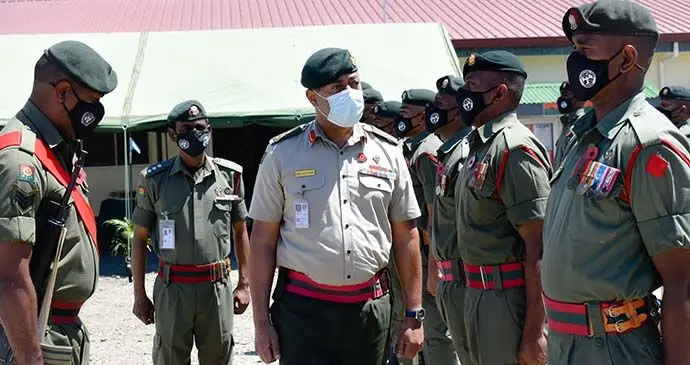 Second from left: Republic of Fiji Military Forces (RFMF) Major Praneel Singh with RFMF Commander Major-General Ro Jone Kalouniwai inspecting the guard of honour at Blackrock Camp Nadi. Photo: Republic of Fiji Military Forces