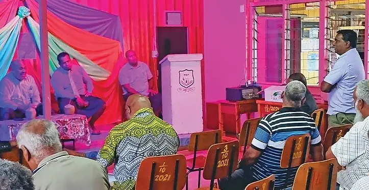 (Standing) Farmer, Mahendra Prasad, sought the iTaukei Land Trust Board (TLTB) to consider enhancing their surveyor services to benefit new applicants pursing interest in farming at Waiqele sector in Labasa on June 7, 2023. Minister for iTaukei Affairs Ifereimi Vasu was also present in the consultation. Photo: Sampras Anand