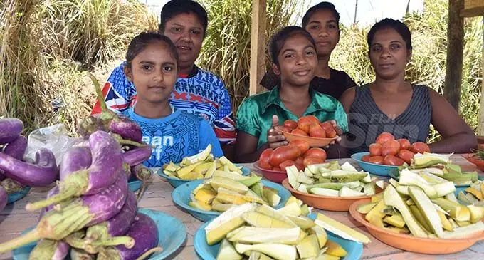 From left: Shanaya Anvi, Saras Goundar, Alisha Kumar, Asley Kumar and Rekha Sunkar at Solovi roadside in Nadi. Photo: Mereleki Nai